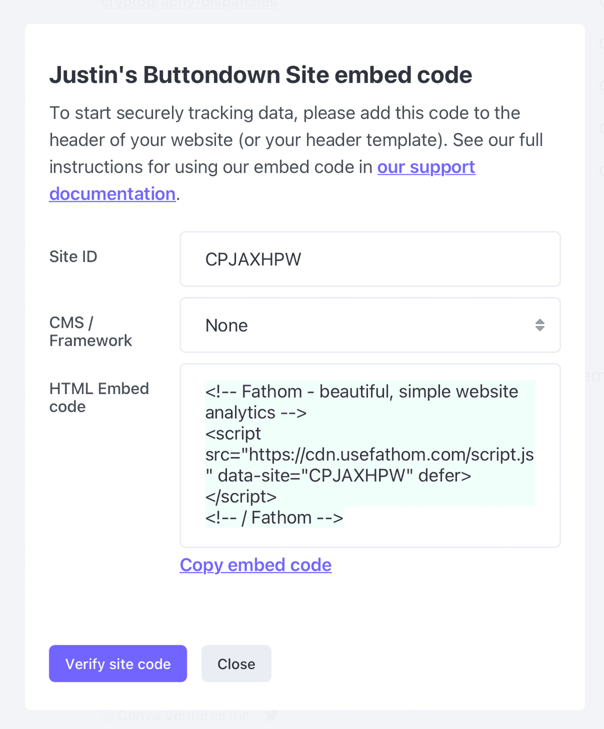 An embed code for a new Fathom site