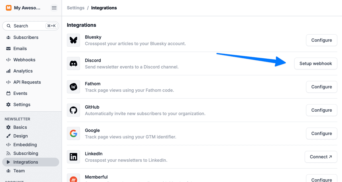 A screenshot of the integrations page