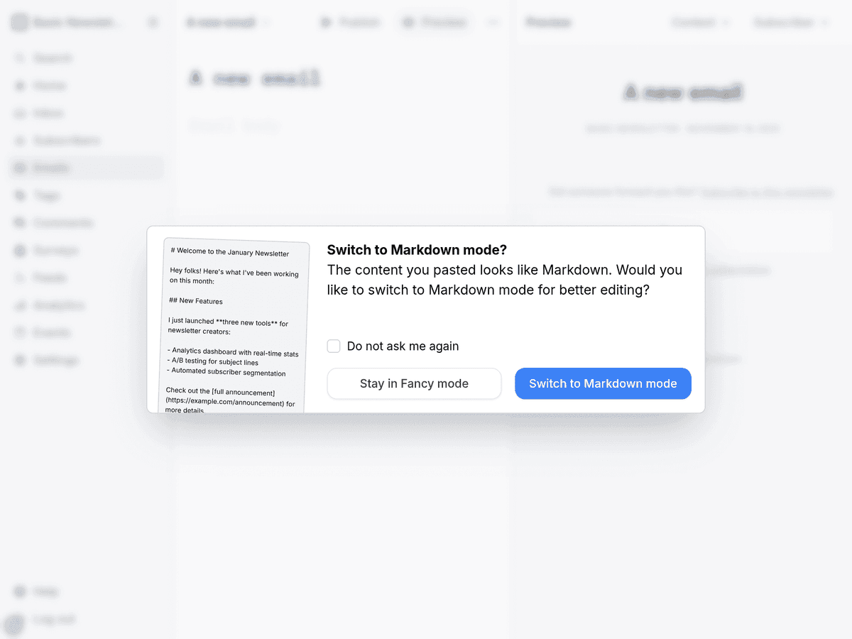 The Markdown conversion dialog showing a preview of pasted content