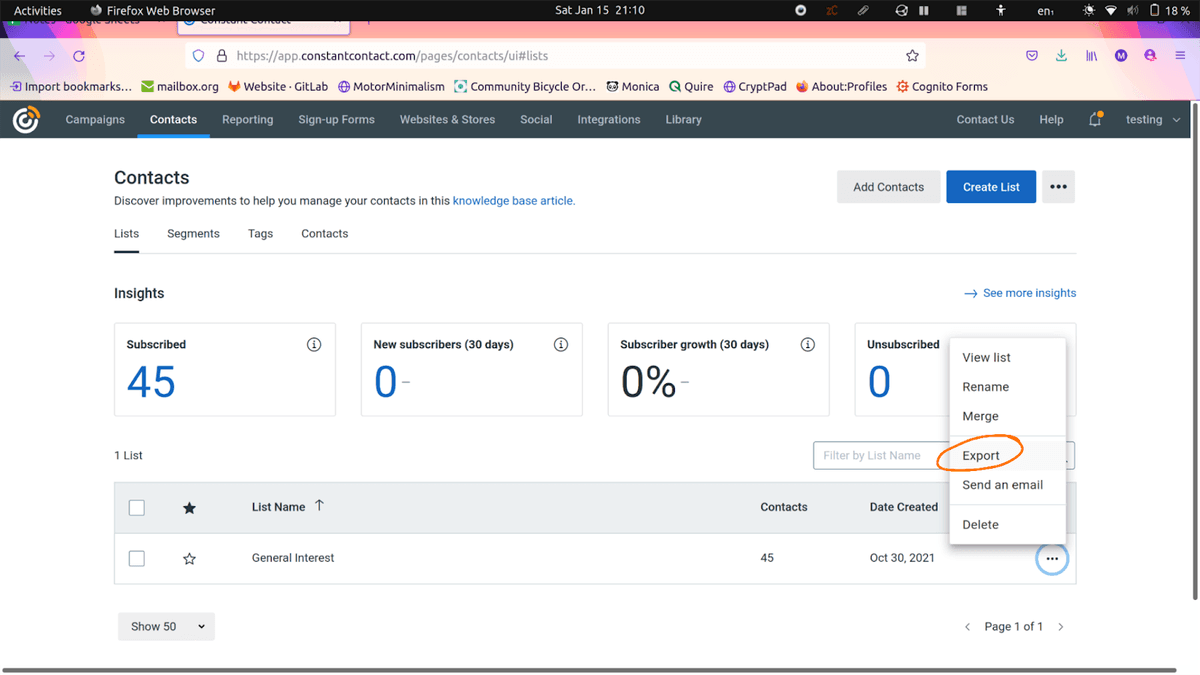 A screenshot of the Constant Contact export process.