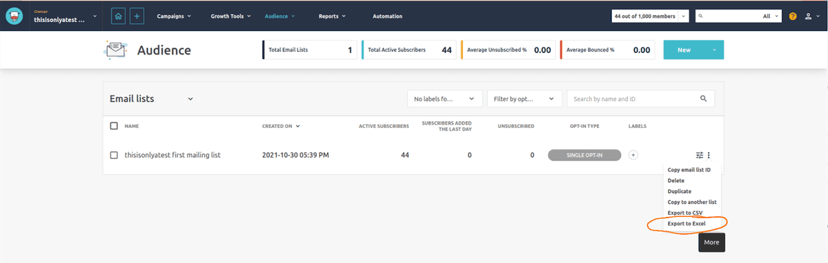 Screenshot of Moosend export process.