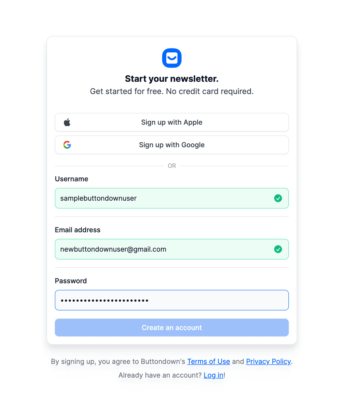 "Register" screen with information in all the fields.
