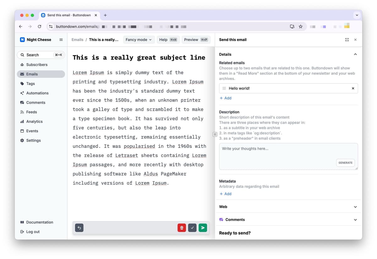 The editor pane with the Details section open showing Related emails options