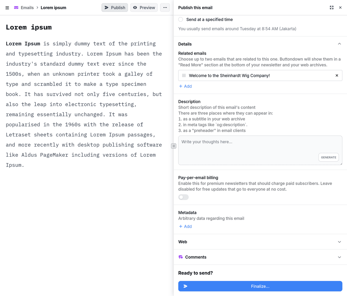 The editor pane with the Details section open showing Related emails options