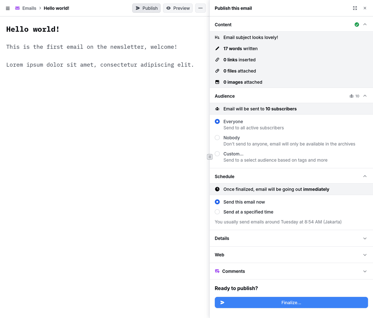 A screenshot of an email with the publish drawer open