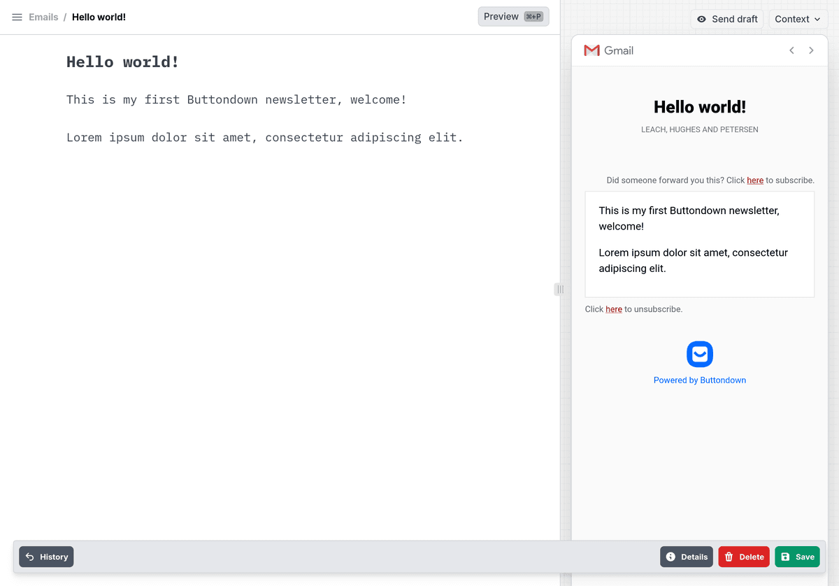 A screenshot of an email with the preview drawer open