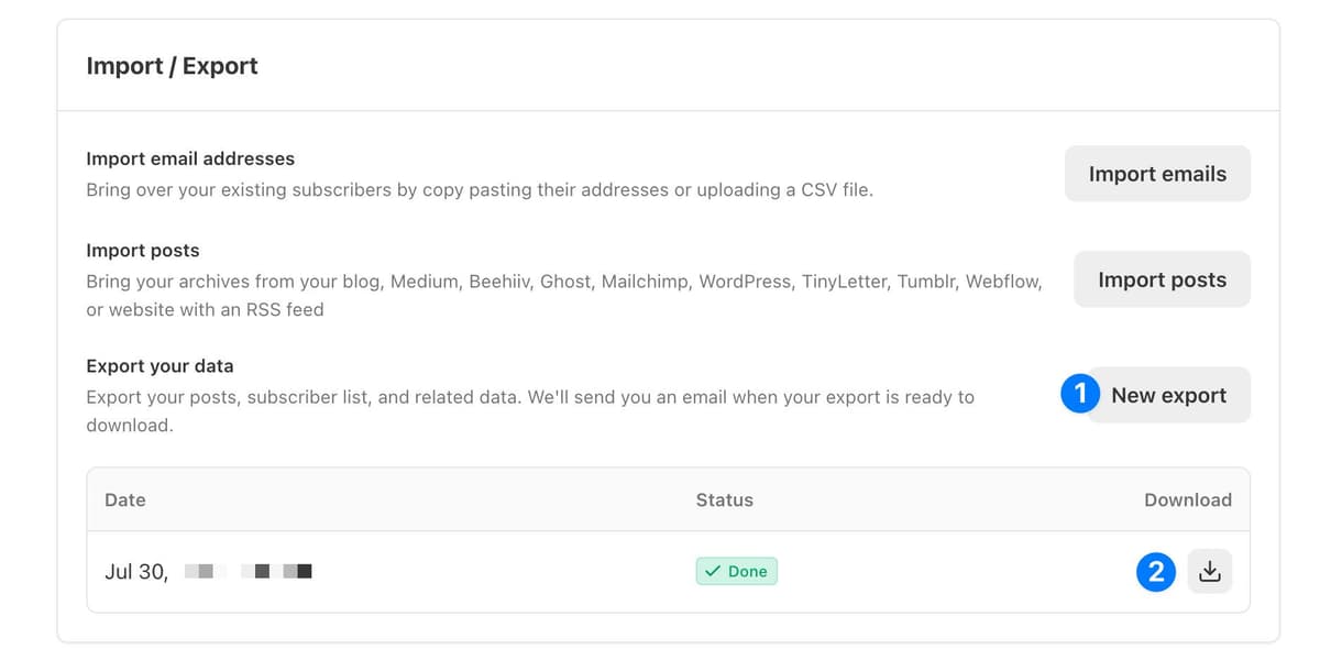 Screenshot of the import and export options in Substack's settings