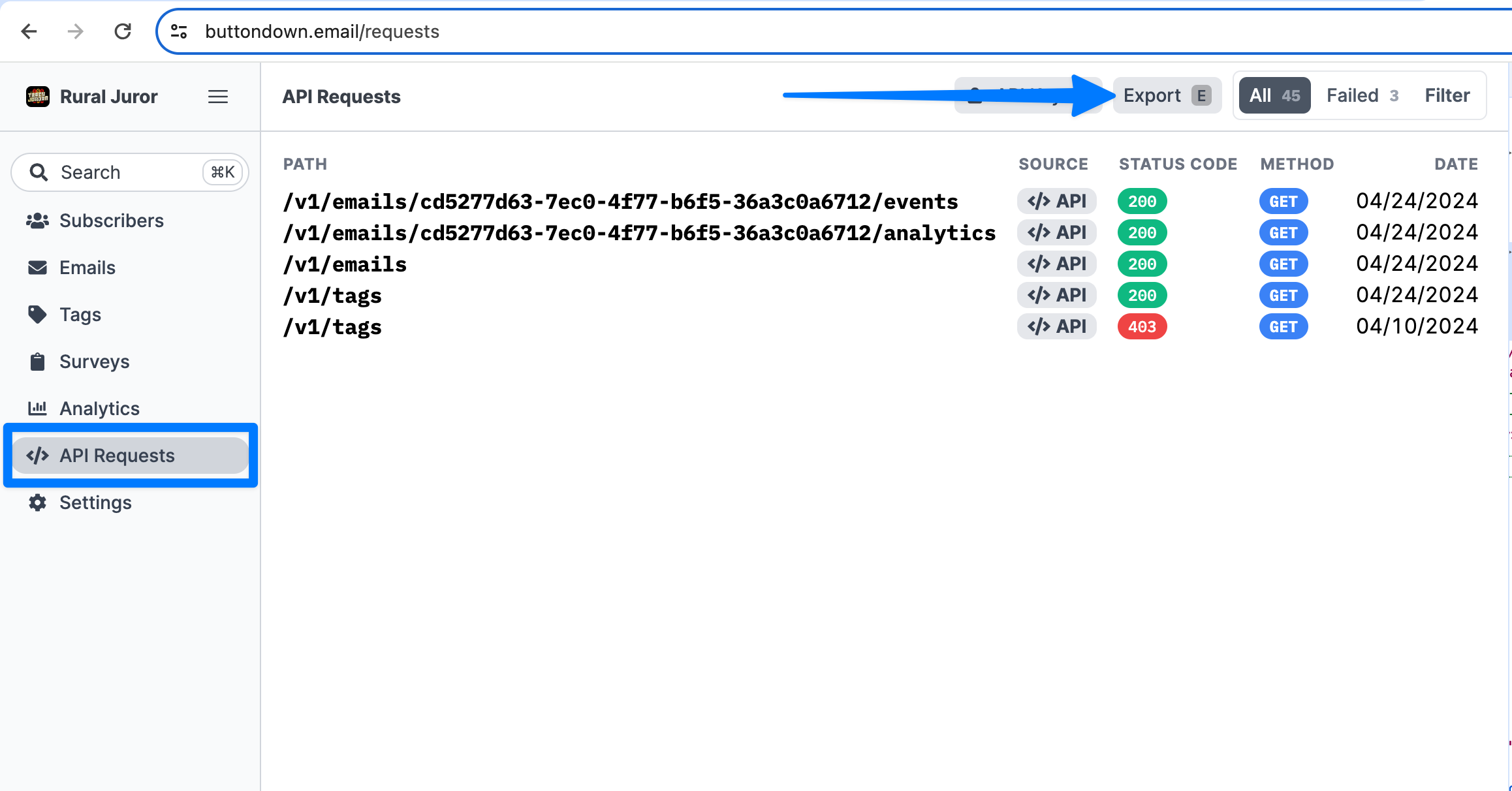 Screenshot showing the API requests tab and where to export data