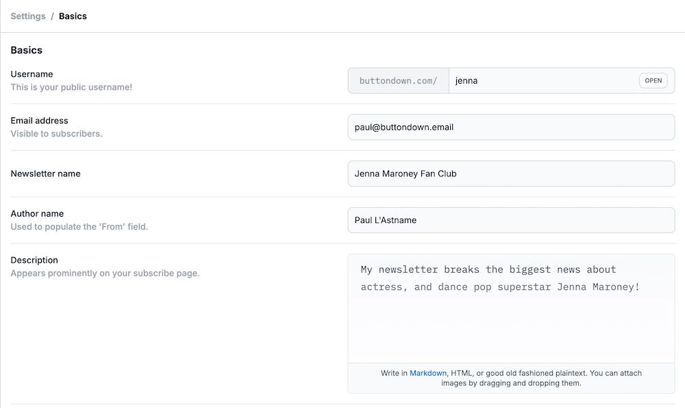 Screenshot of author information in Buttondown settings