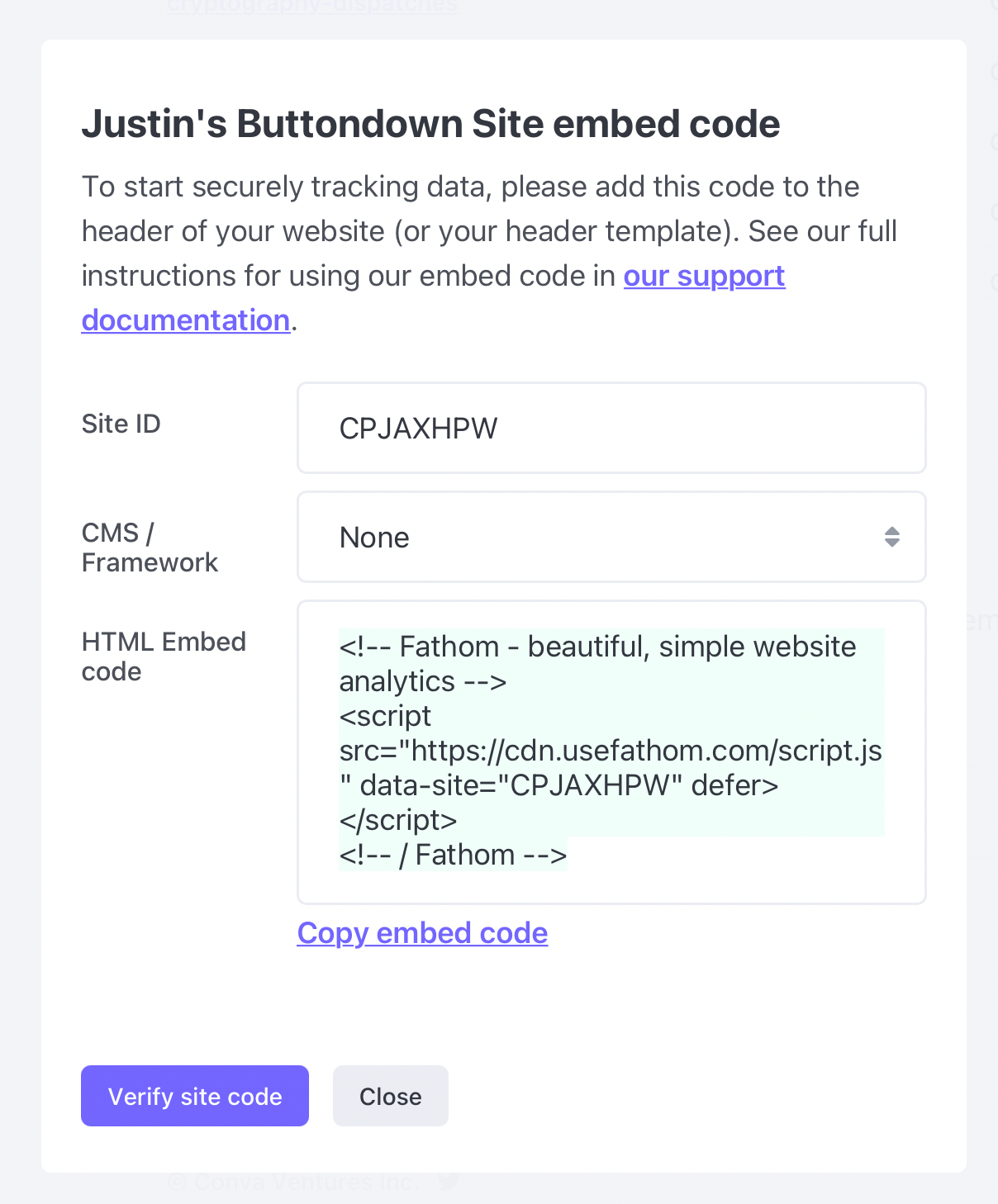 An embed code for a new Fathom site