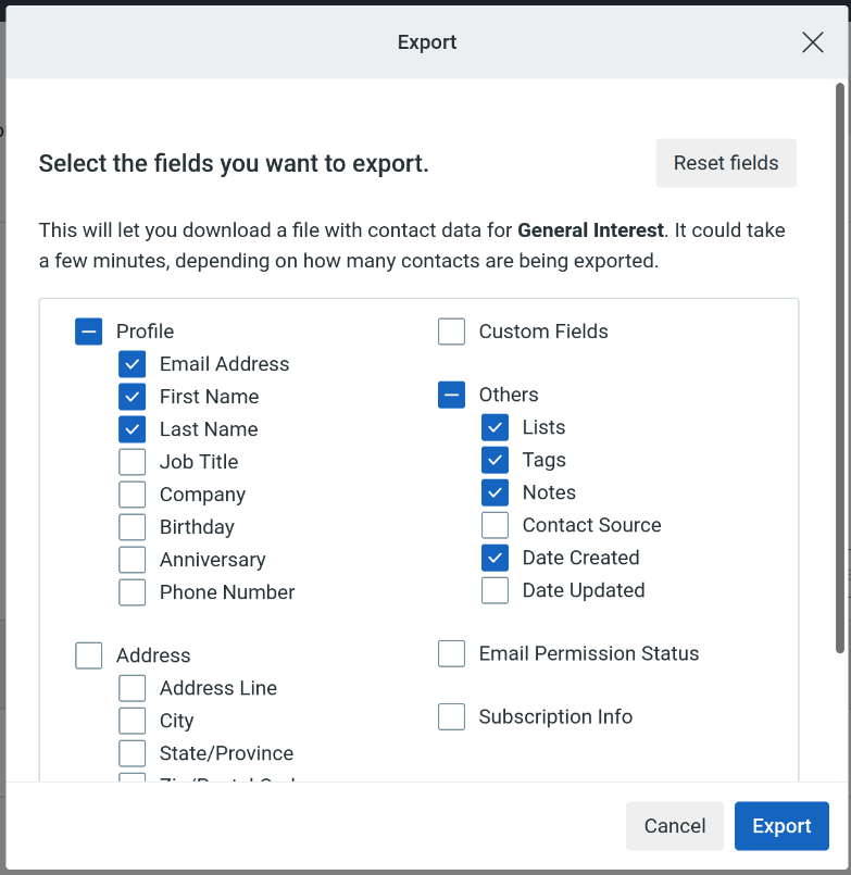 A screenshot of the Constant Contact export field selector.