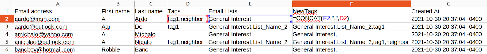 Screenshot of a spreadsheet in which existing tags and list names are being combined in a new column