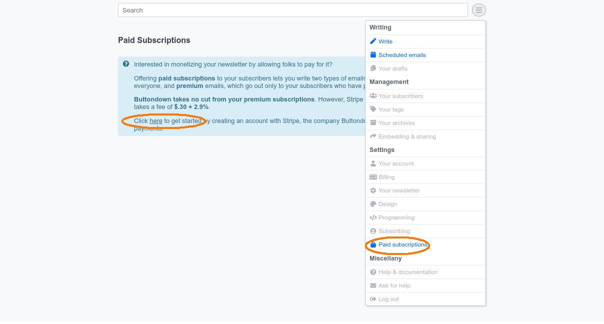 Screenshot of where on Buttondown to get started with Stripe.