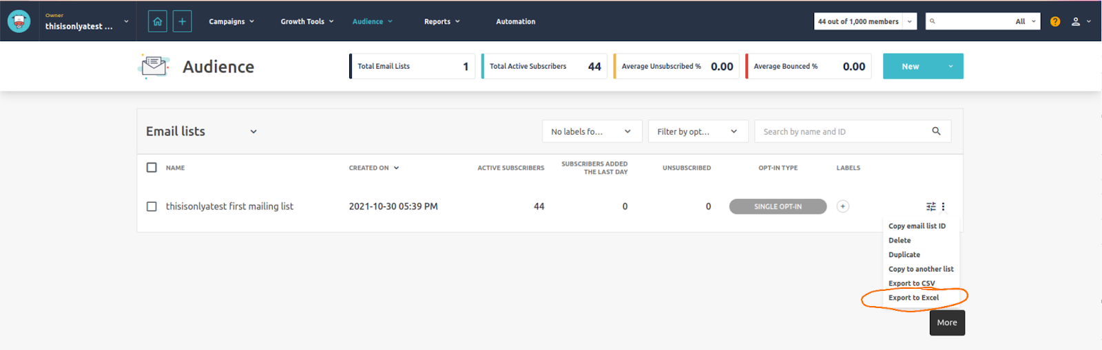 Screenshot of Moosend export process.