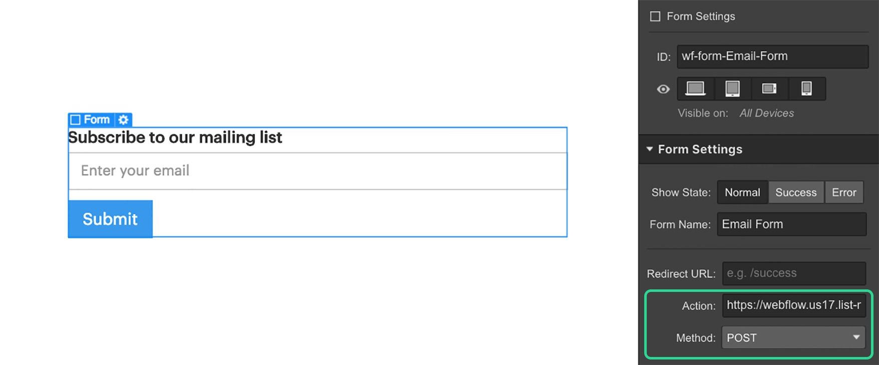 Screenshot of the Webflow form UI